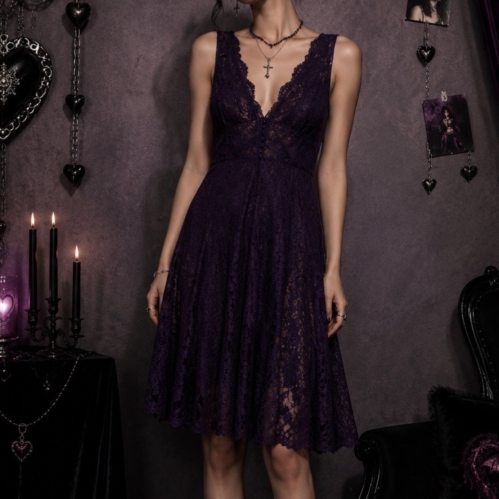 B. Darlin Purple Lace Fit Flare Dress Juniors 7/8 Whimsigoth Gothic Dark Romance